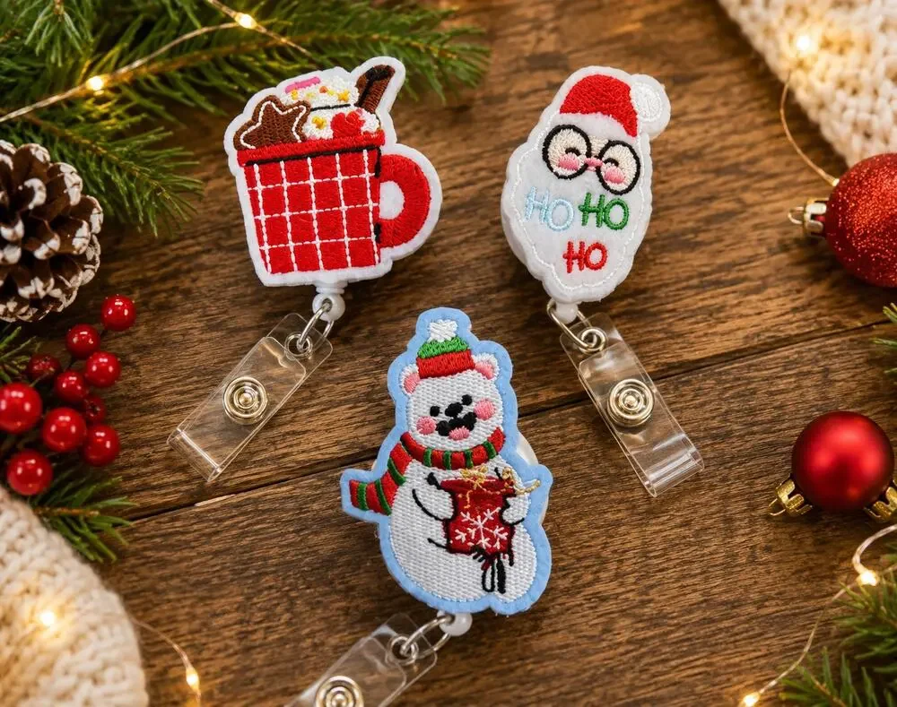 3 Pc Christmas Retractable Badge Reel Set Santa Snowman Embroidered ID Holder
